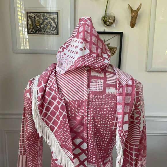 Vintage 70s Mauve Pink White Retro Print Shift Dress Scarf XS S - Picture 4 of 10